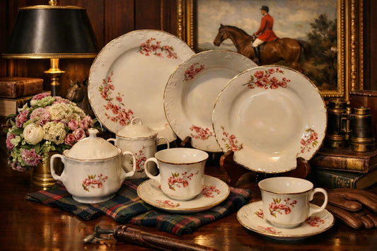 Vintage Romanian Fine Porcelain Cherry Blossom Dinnerware Set – 37 Piece Tea & Service Collection
