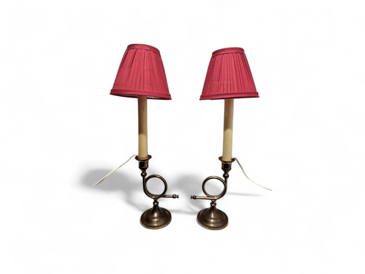 Pair of Antique Brass Candlestick Lamps with Rose Pleated Shades