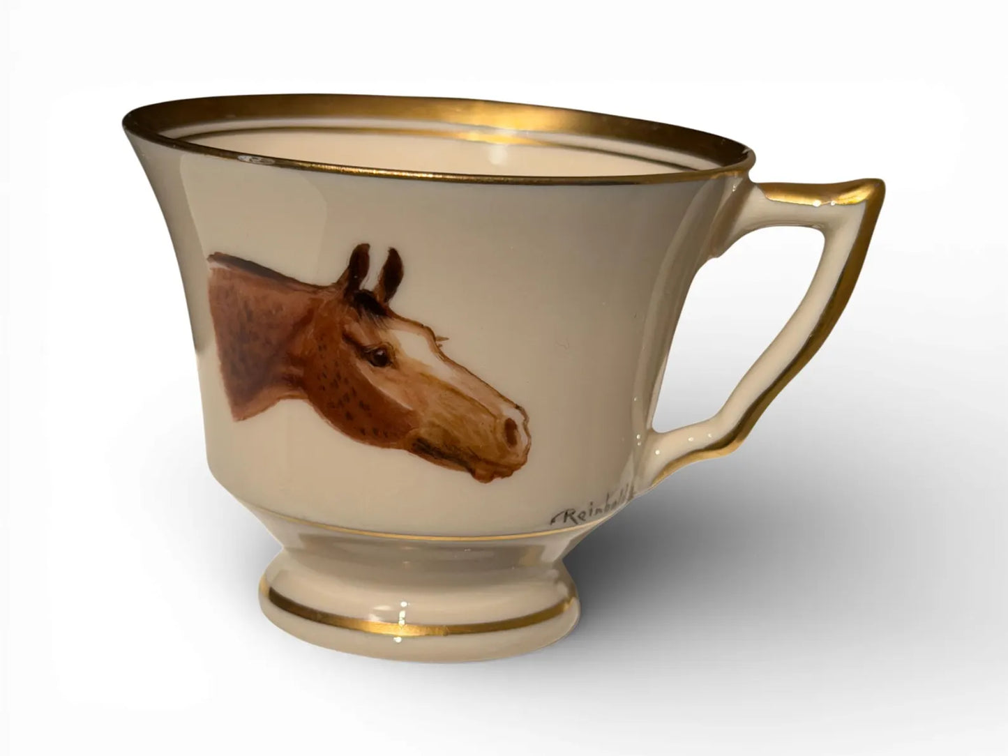 Set of Six Hand-Painted Dematisse Porcelain Horse Cups & Saucers, Signed Reinbold