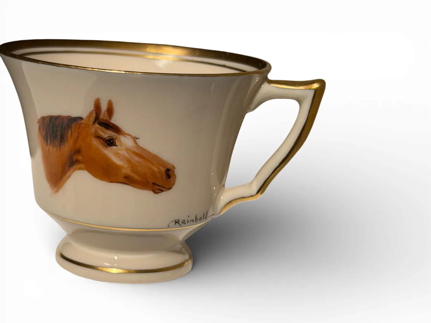 Set of Six Hand-Painted Dematisse Porcelain Horse Cups & Saucers, Signed Reinbold