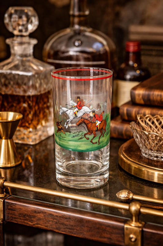 Antique Fox Hunt Master Highball Glass with Red Rim