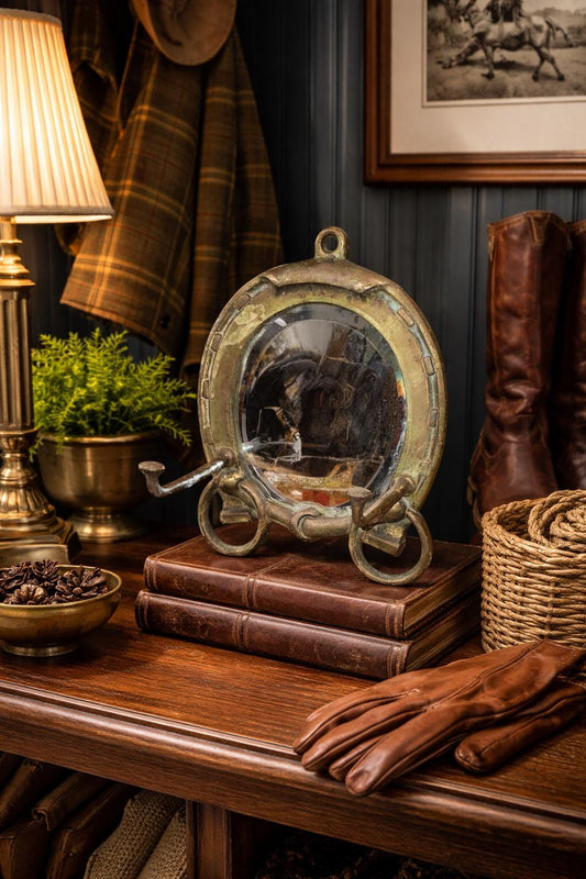 c.1900 Solid Brass Equestrian Gentleman's Shaving Mirror with Hooks