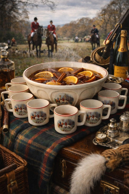 Vintage Fox Hunting Ironstone Punch Bowl & Mugs - 14 Piece Set
