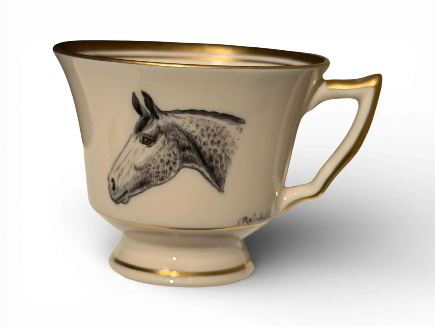 Set of Six Hand-Painted Dematisse Porcelain Horse Cups & Saucers, Signed Reinbold