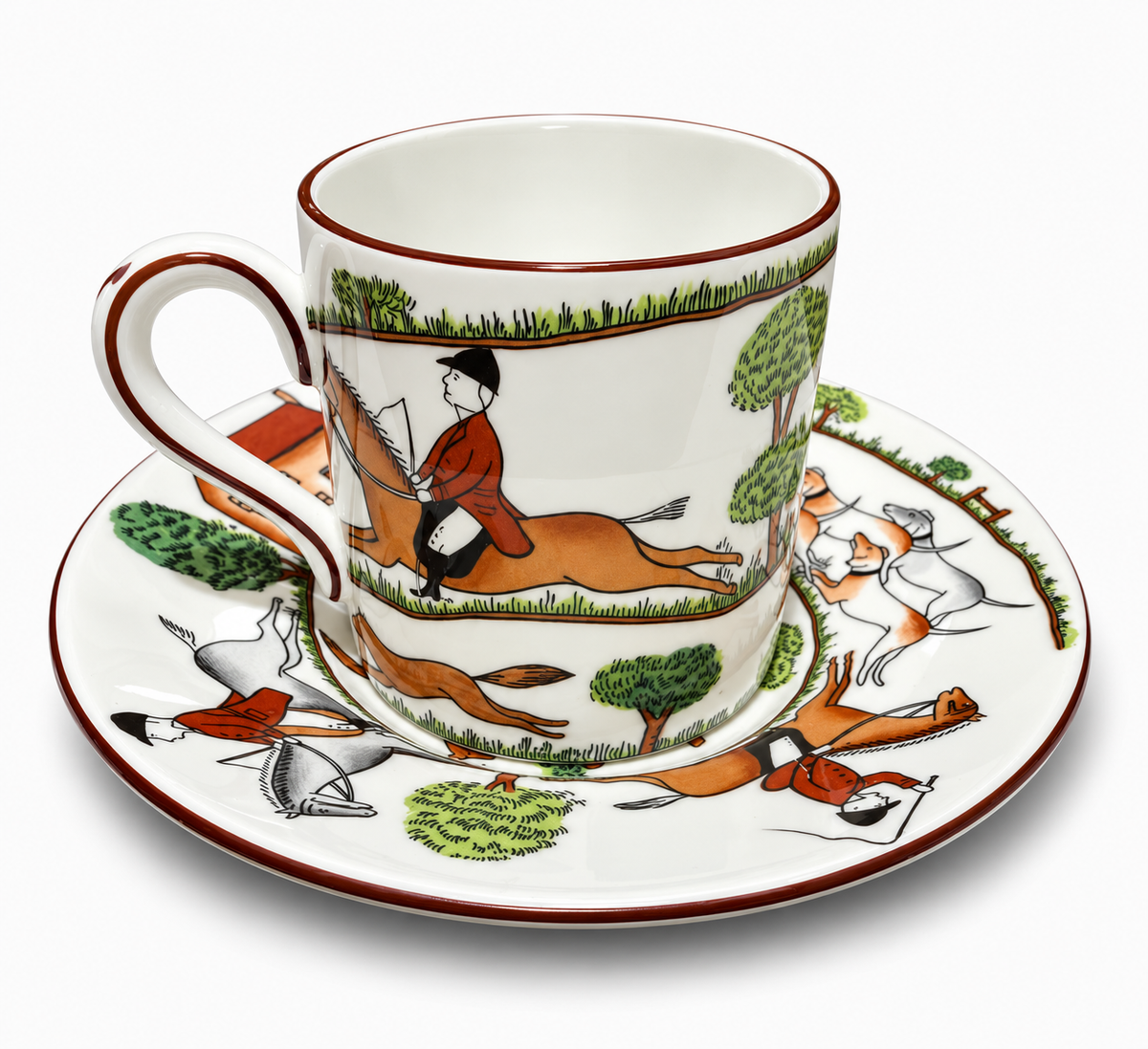 Vintage Crown Staffordshire Hunting Scene Fine Bone China Demitasse Cup & Saucer