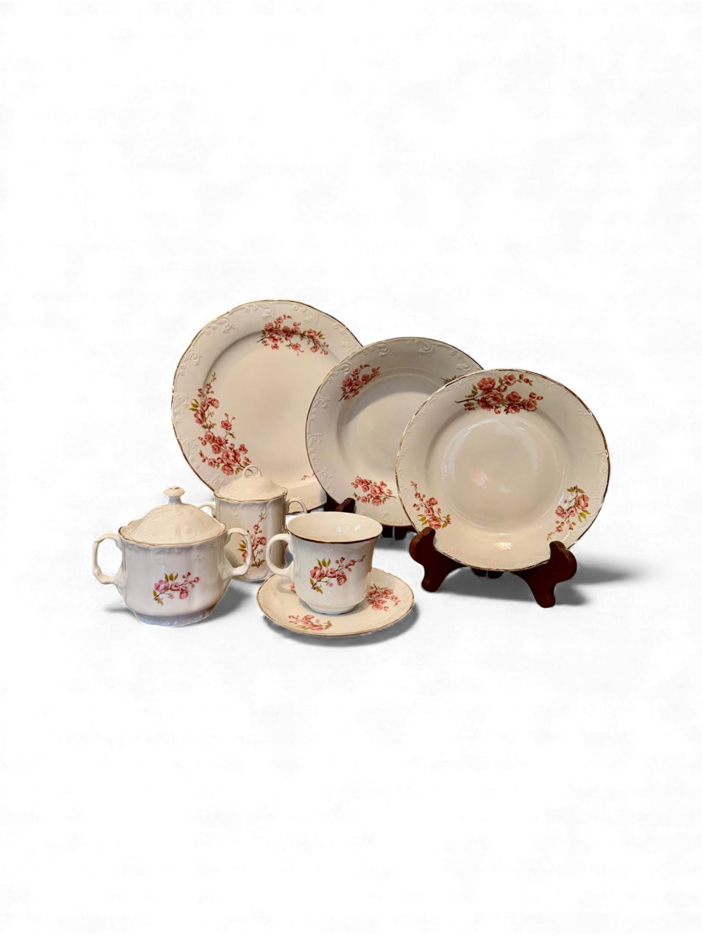 Vintage Romanian Fine Porcelain Cherry Blossom Dinnerware Set – 37 Piece Tea & Service Collection