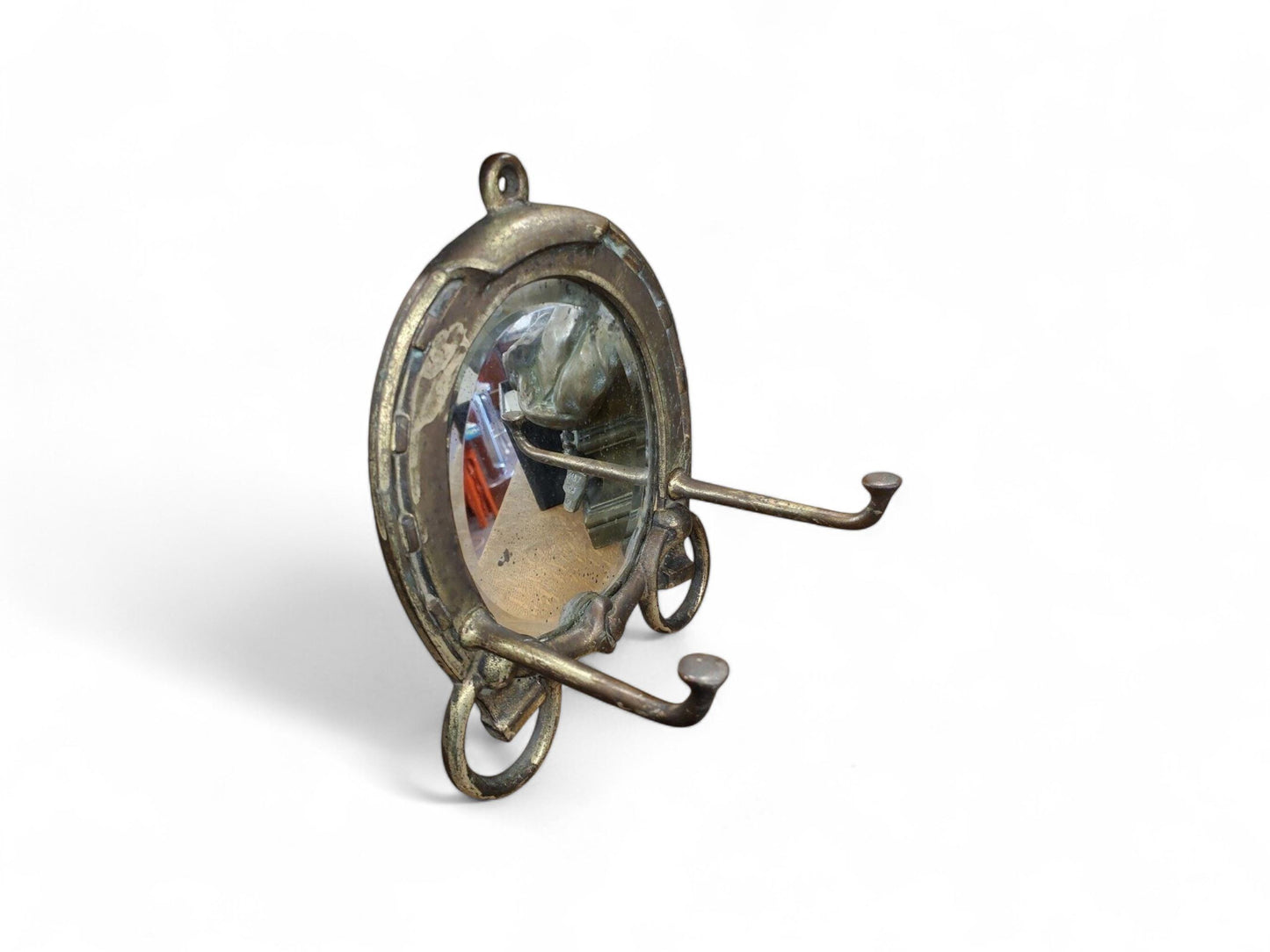 c.1900 Solid Brass Equestrian Gentleman's Shaving Mirror with Hooks