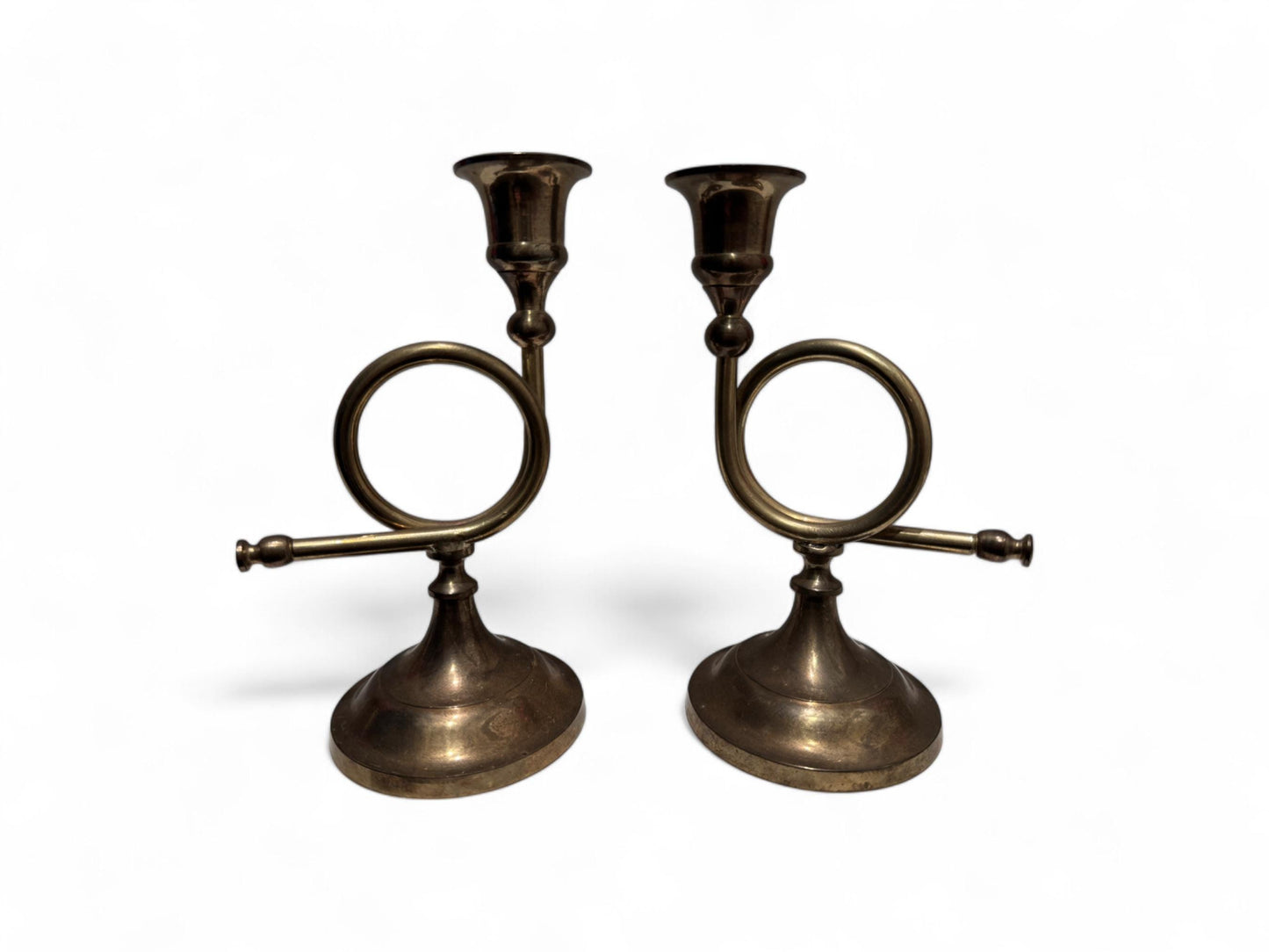 Pair of Antique Brass Candlestick Lamps with Rose Pleated Shades