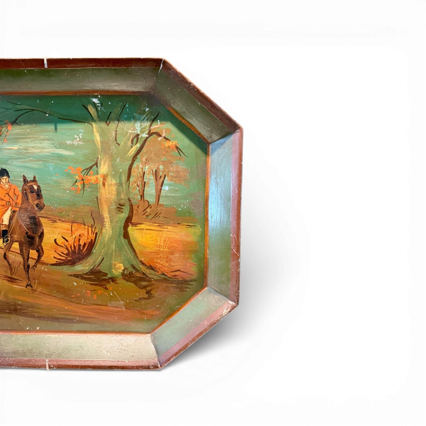 Antique Hand-Painted English Fox Hunting Tôle Tray — 22.5” x 16”