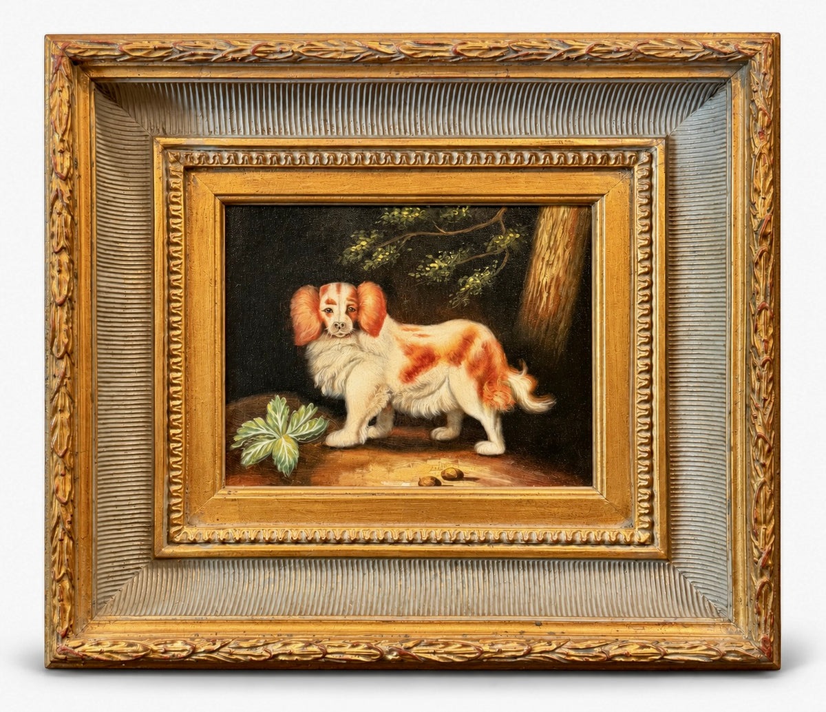 Vintage Spaniel Dog Painting in Ornate Gilt Frame