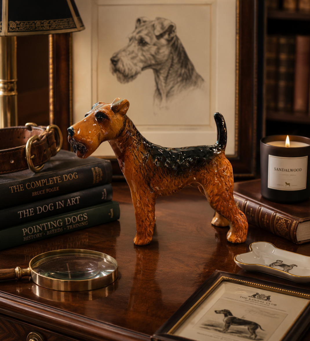 Dog figurine on a wooden surface with books and a candle in the background