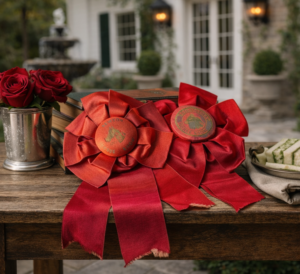 Red ribboned award on a wooden table with flowers and books in the background