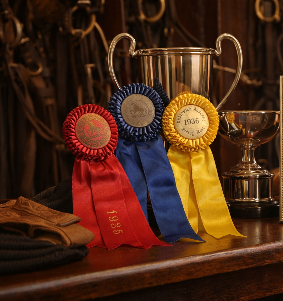 Three ribbons with '1936' on them in red, blue, and yellow, displayed in front of a silver trophy.