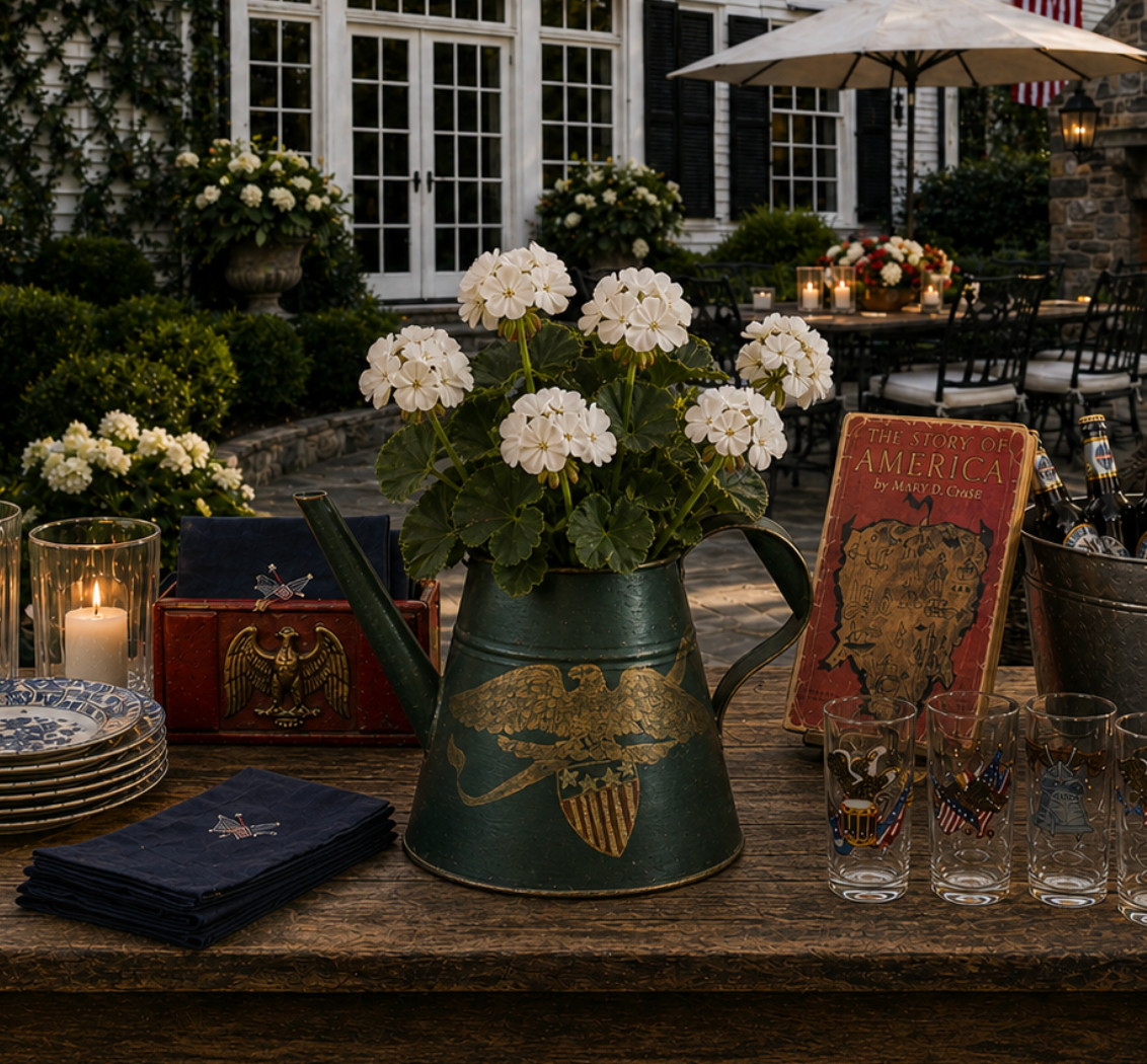 Decorative table setting with a black watering can holding flowers, candles, and books outdoors.