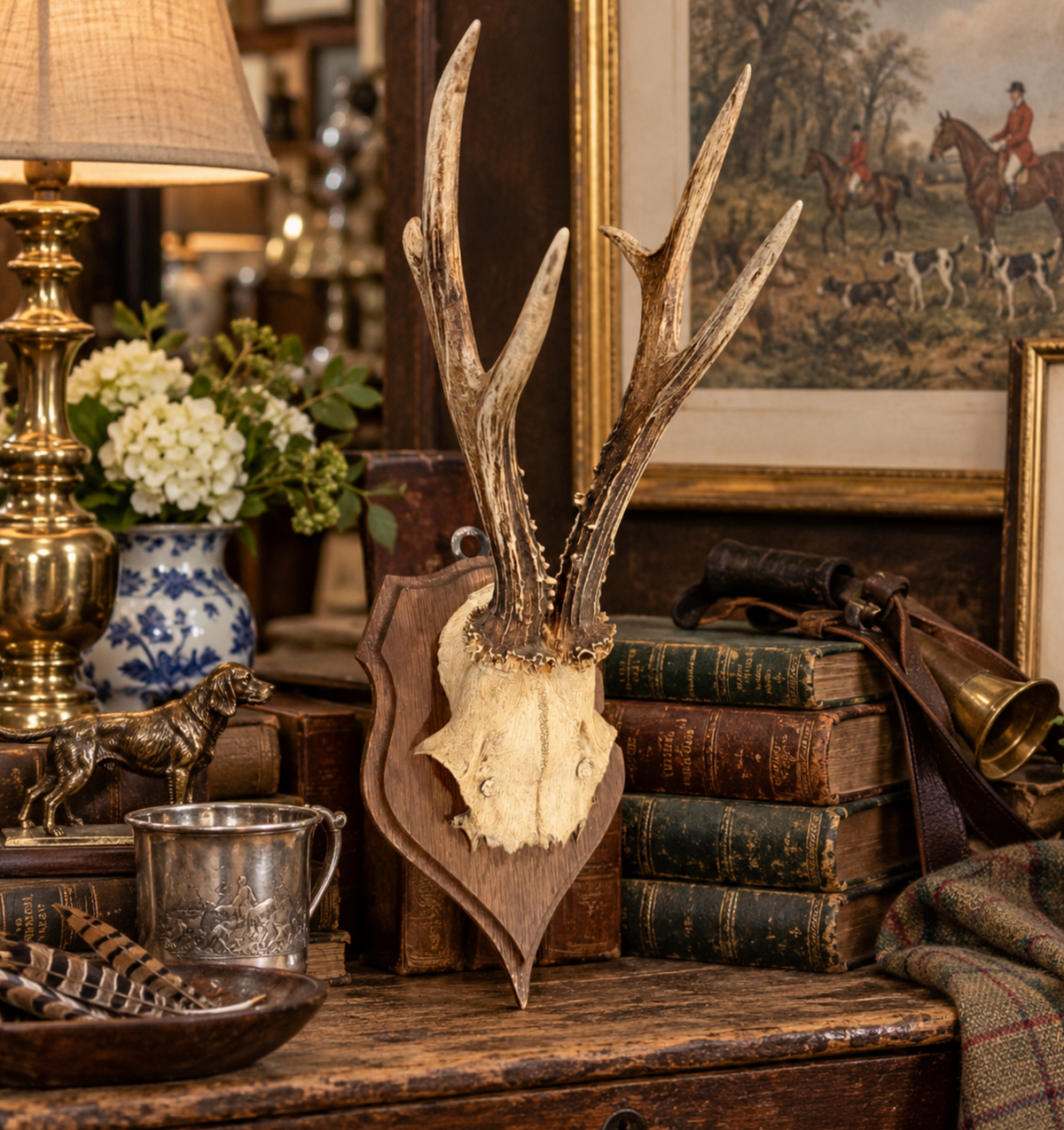 A taxidermy deer skull with large antlers mounted on a wooden plaque, displayed on a rustic wooden table in a vintage-style room setting with books, a lamp, and framed art.