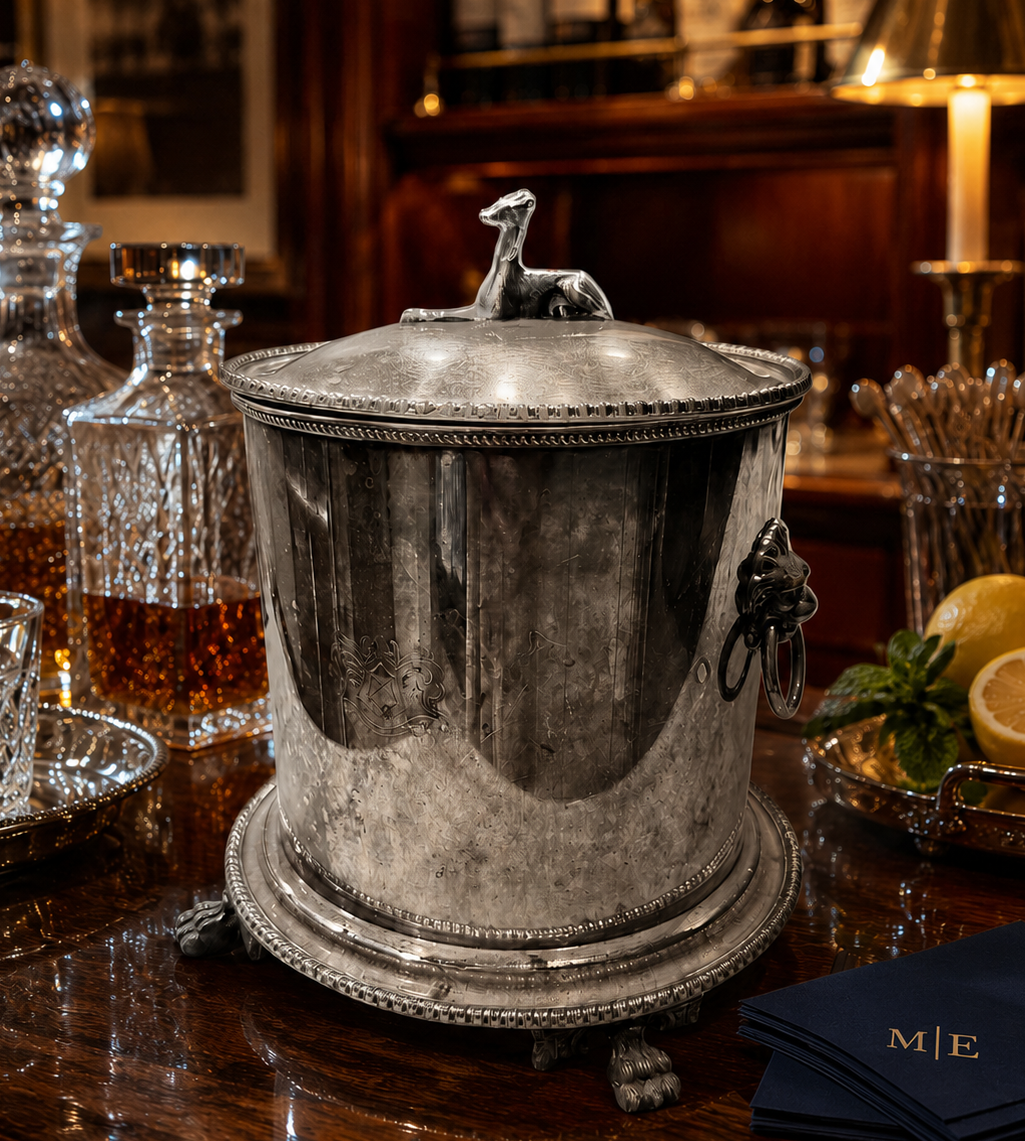 Silver ice bucket on a bar counter with bottles and glasses in the background