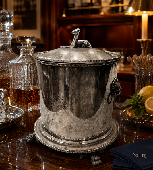 Silver ice bucket on a bar counter with bottles and glasses in the background