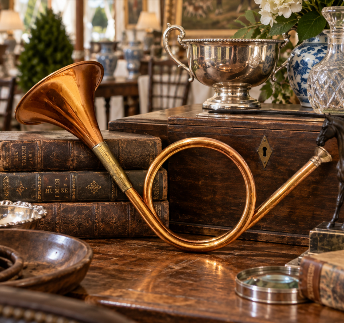 A vintage brass horn or trumpet-shaped decorative object resting on stacked antique books beside a wooden chest in a styled interior setting.