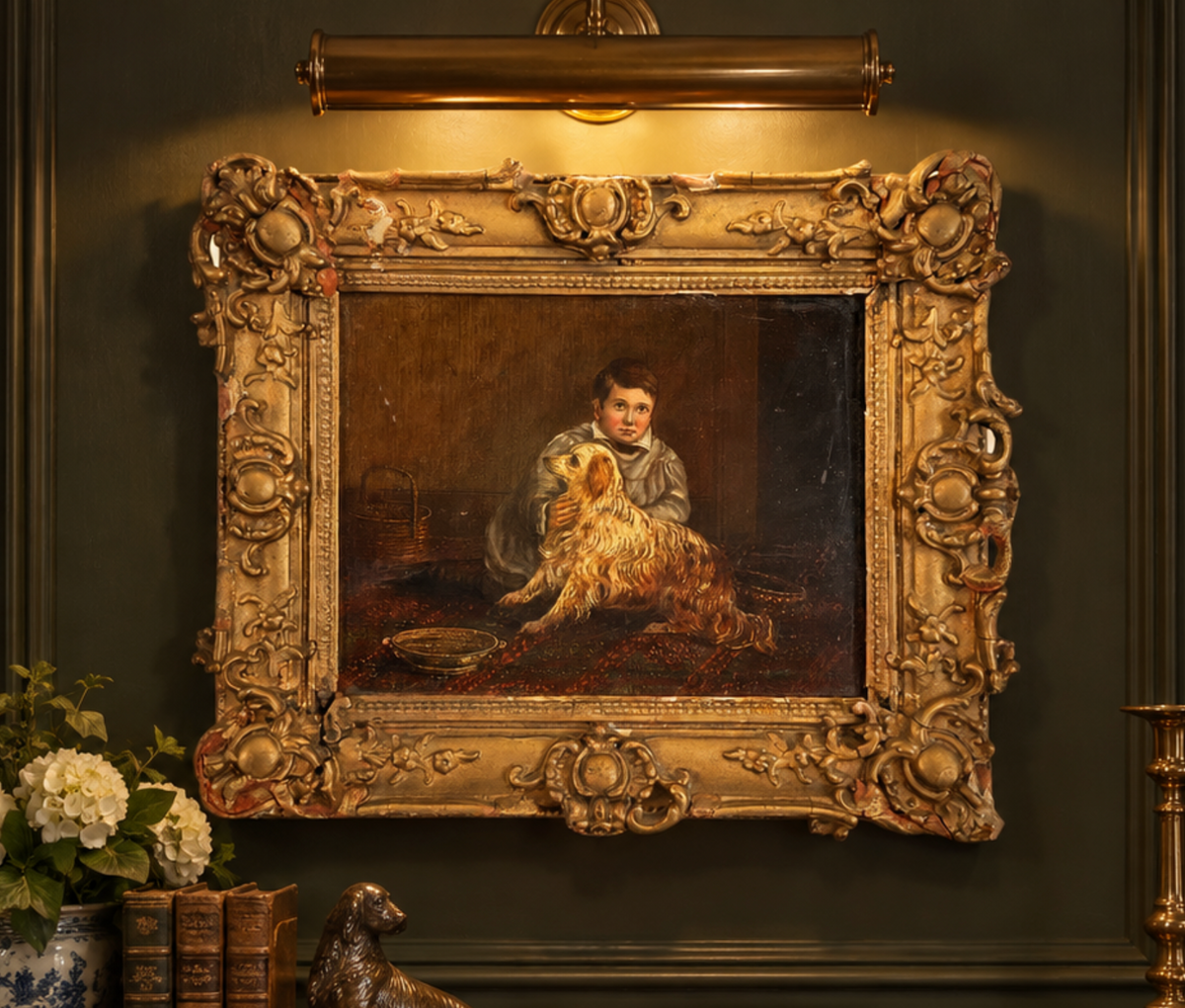 An ornate gold-framed classical painting hanging on a dark green wall, depicting a young boy holding a golden dog. The scene includes a brass wall sconce above, a vase of flowers and books below, and a small dog statue in the foreground.