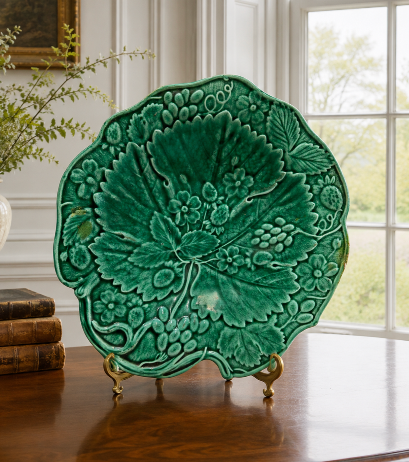 Decorative green ceramic plate with floral patterns on a stand in a room with a window and books.