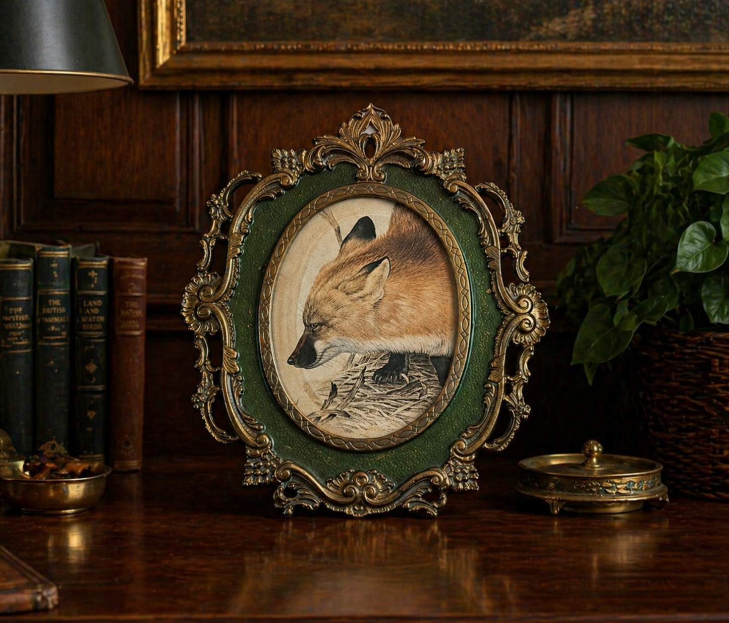 Decorative framed picture of a fox on a wooden surface with books and plants in the background.