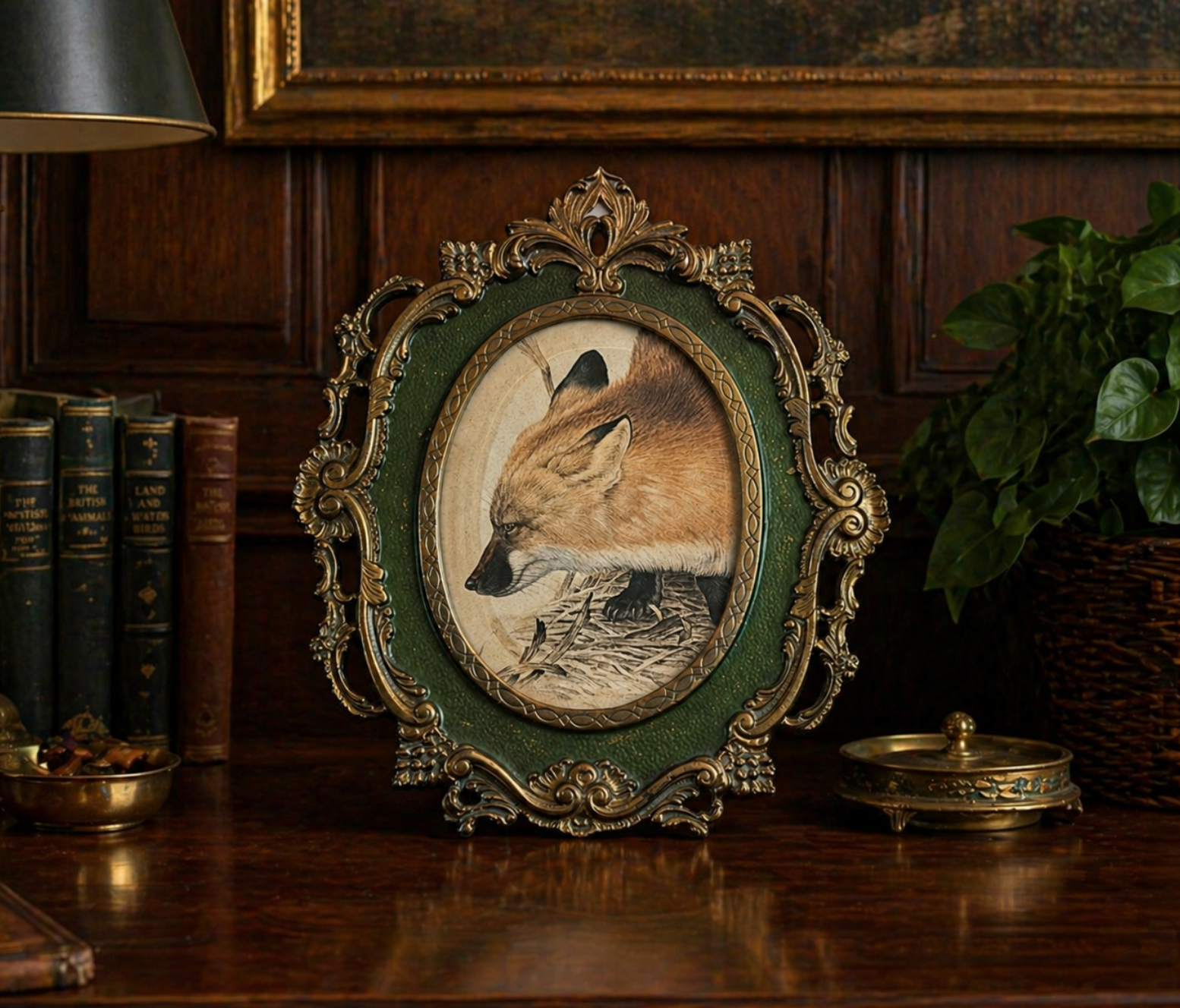 Decorative framed picture of a fox on a wooden surface with books and plants in the background.