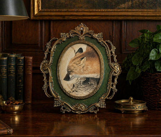 Decorative framed picture of a fox on a wooden surface with books and plants in the background.