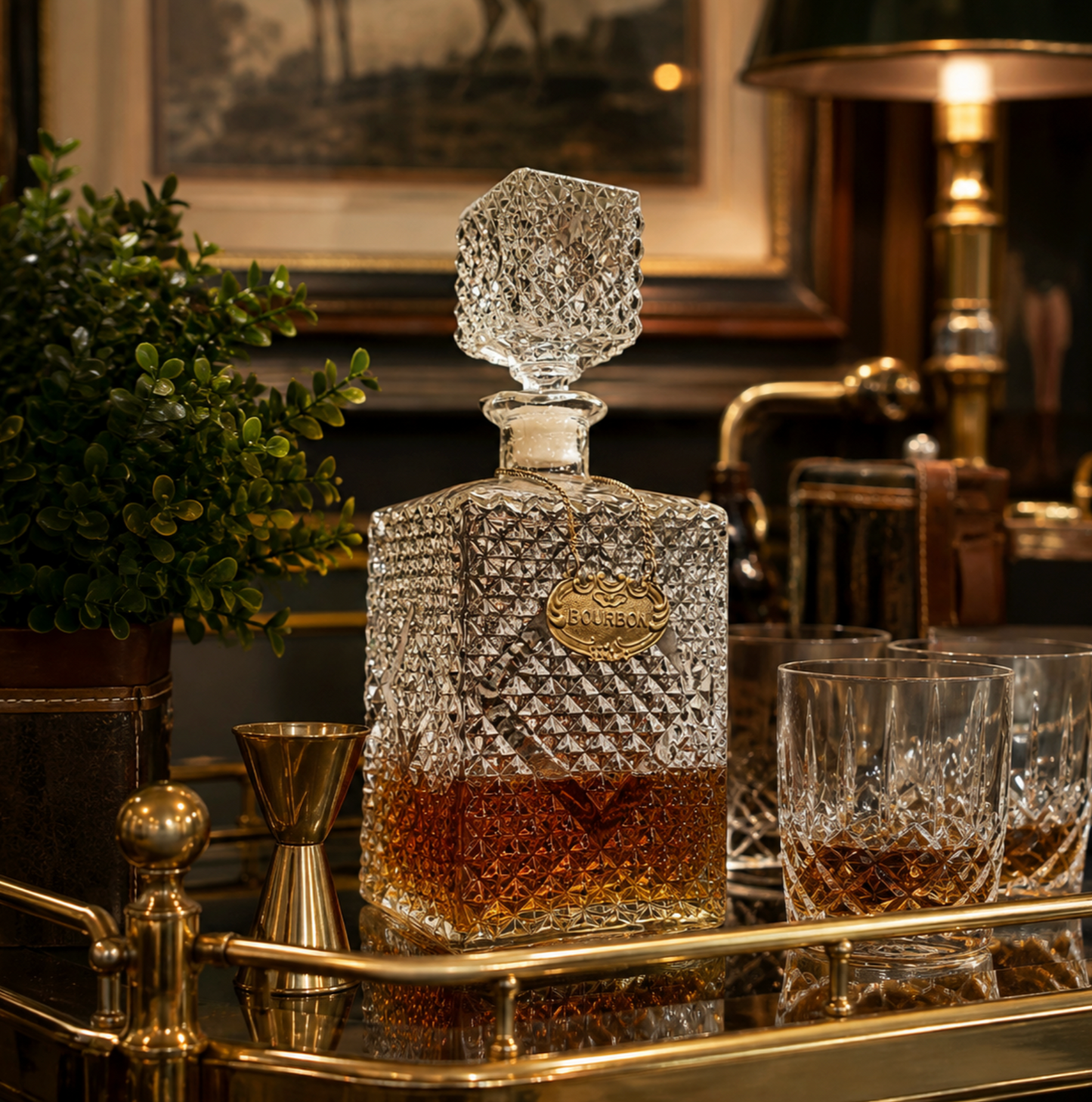 Vintage French Crystal Bourbon Decanter with Antique Brass Tag