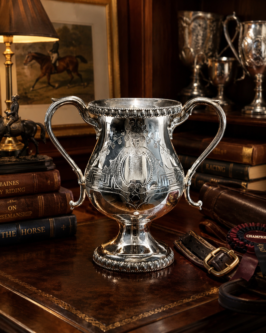 Silver trophy on a wooden surface with books and a lamp in the background
