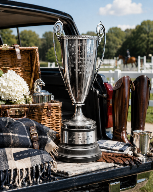 Silver trophy on a vehicle's open trunk with picnic items and a horse in the background