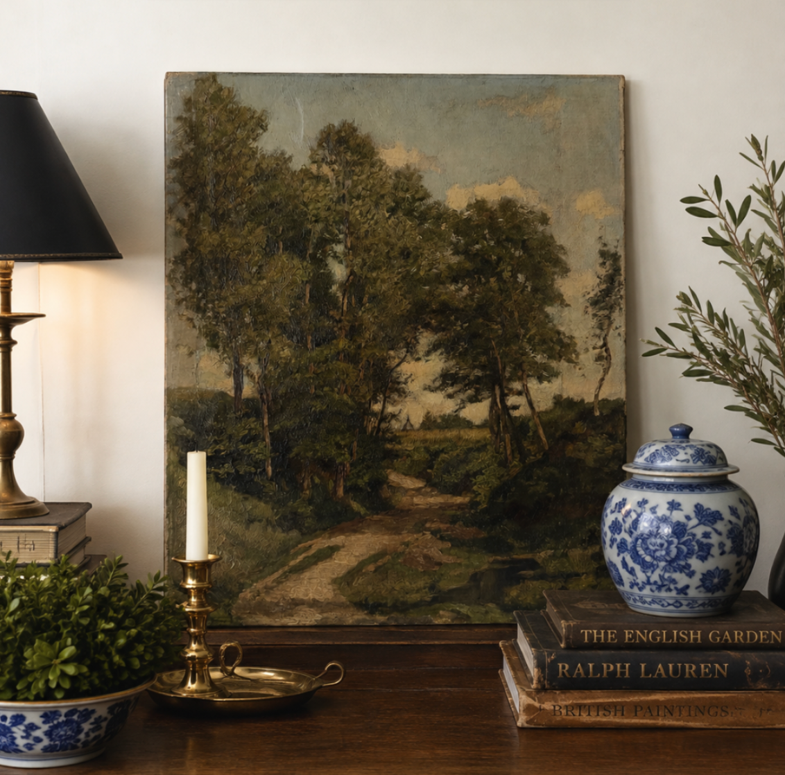 Antique English Original Oil Landscape Painting on Canvas, Signed