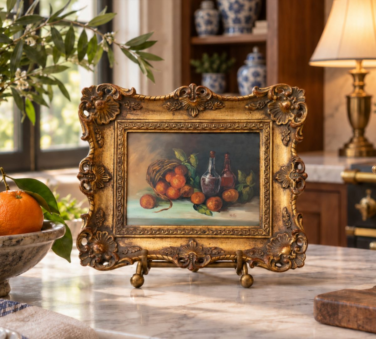 An ornate vintage-style gold picture frame holding a still life painting of oranges and bottles, displayed on a marble countertop in a warm, decorated interior setting.
