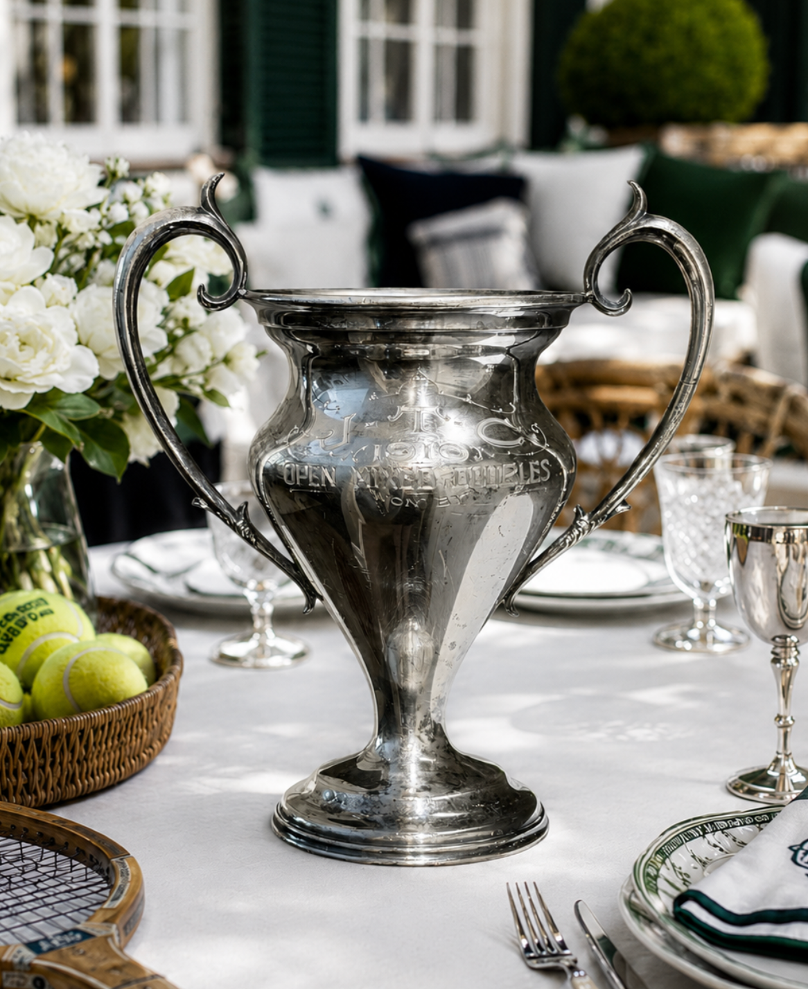 A large silver trophy cup with two handles sits on a white tablecloth in an outdoor dining setting, surrounded by plates, glasses, flowers, and tennis balls.