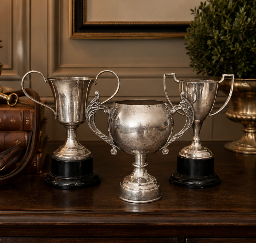 Three silver trophies on a wooden surface with a neutral background