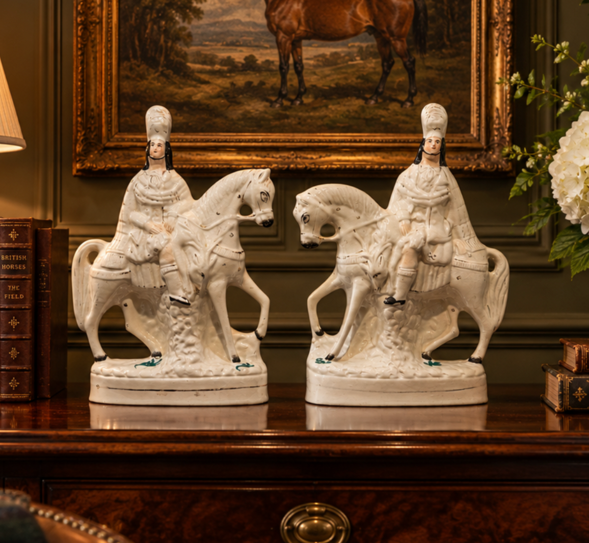 Large Antique Staffordshire Scottish Highland Hunters on Horseback — Pair