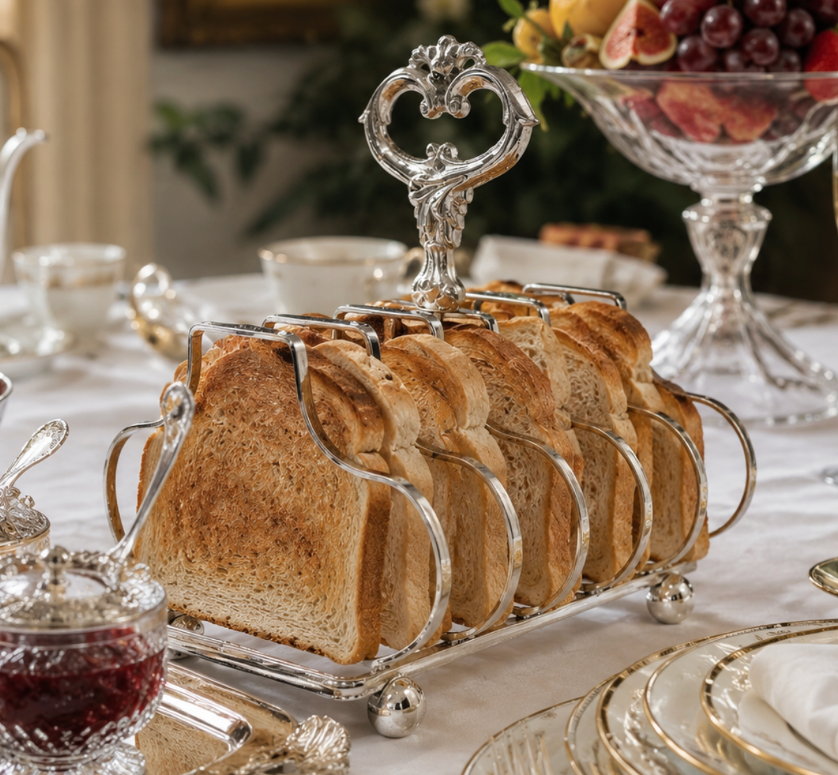 Silver toast rack with slices of bread on a table setting with fruit and glassware.
