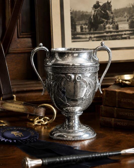 Silver trophy cup on a wooden surface with books and a horse picture in the background