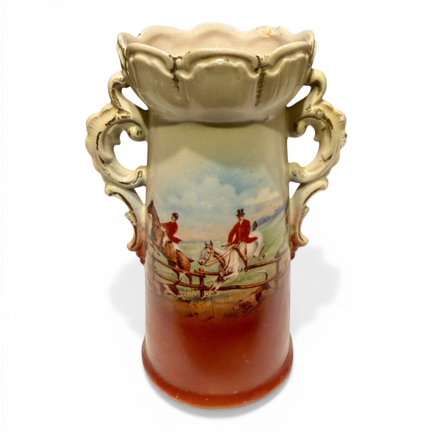 Vintage Czechoslovakian Porcelain Fox Hunting Motif Vase, c.1945