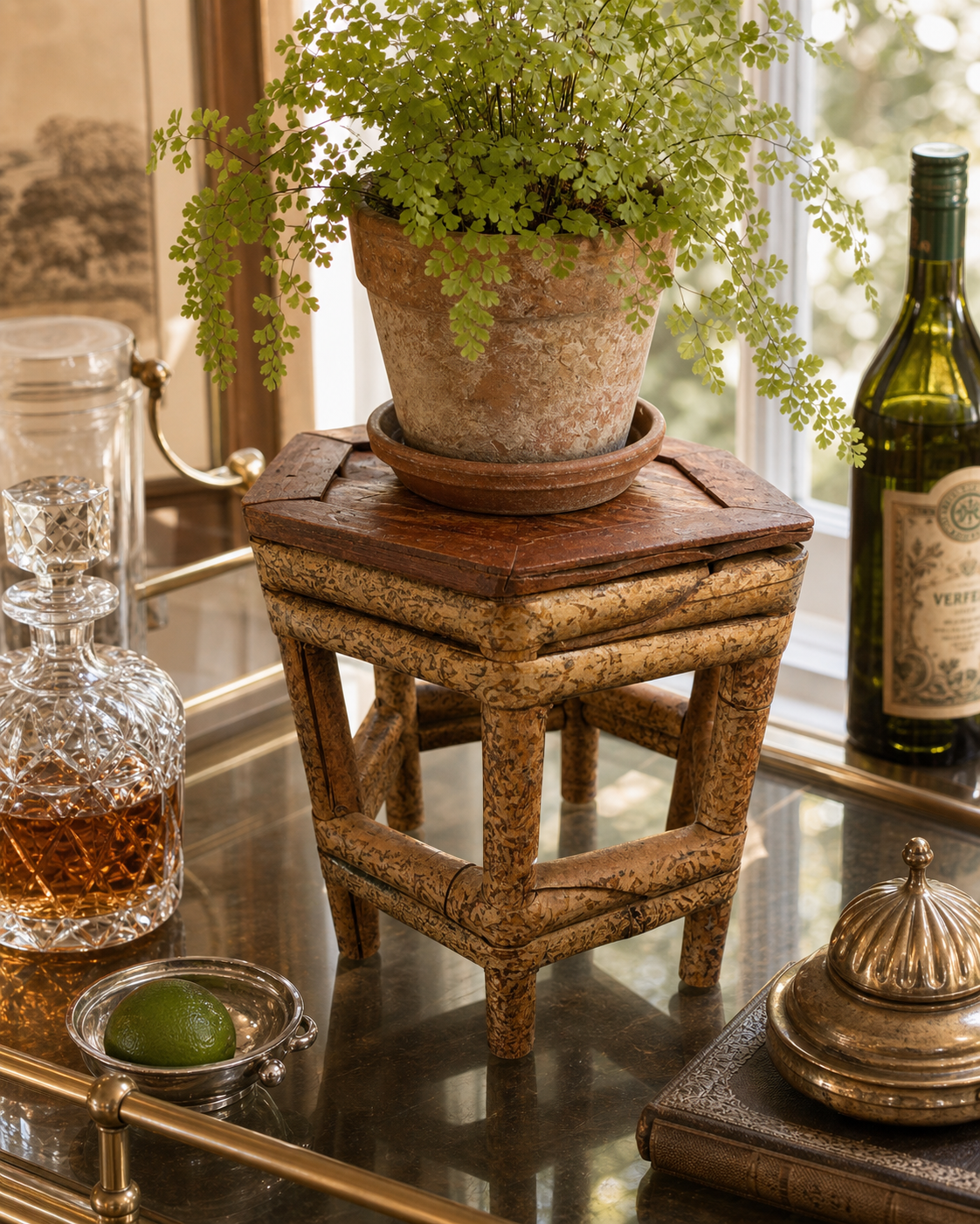 Decorative table setting with a potted plant, decanter, and bottle on a reflective surface.
