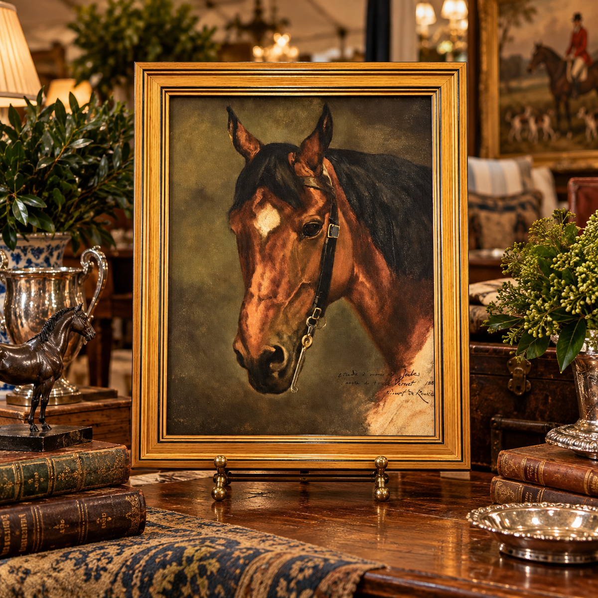 Framed Hand-Painted Equestrian Portrait on Canvas