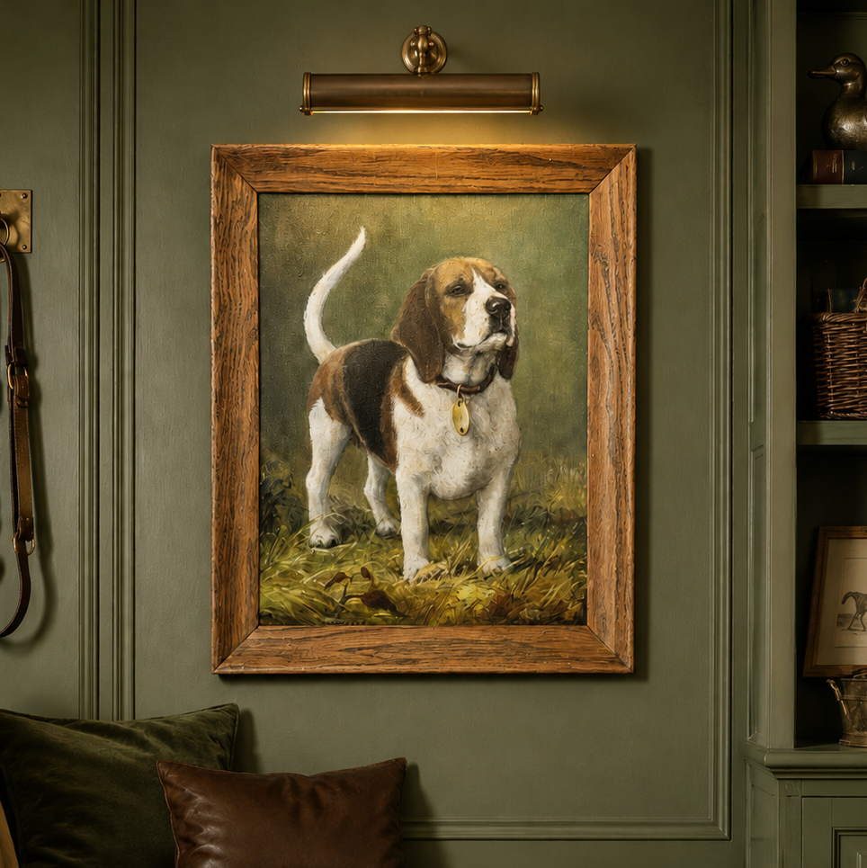 Vintage beagle oil painting, original dog painting, framed dog portrait, vintage sporting dog art, beagle portrait painting, hunting dog painting, traditional dog wall art, vintage animal oil painting, dog lover decor, Ralph Lauren style decor.