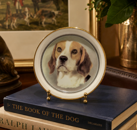 Decorative plate with a dog's face on a book titled 'The Book of the Dog' with a painting and plant in the background.