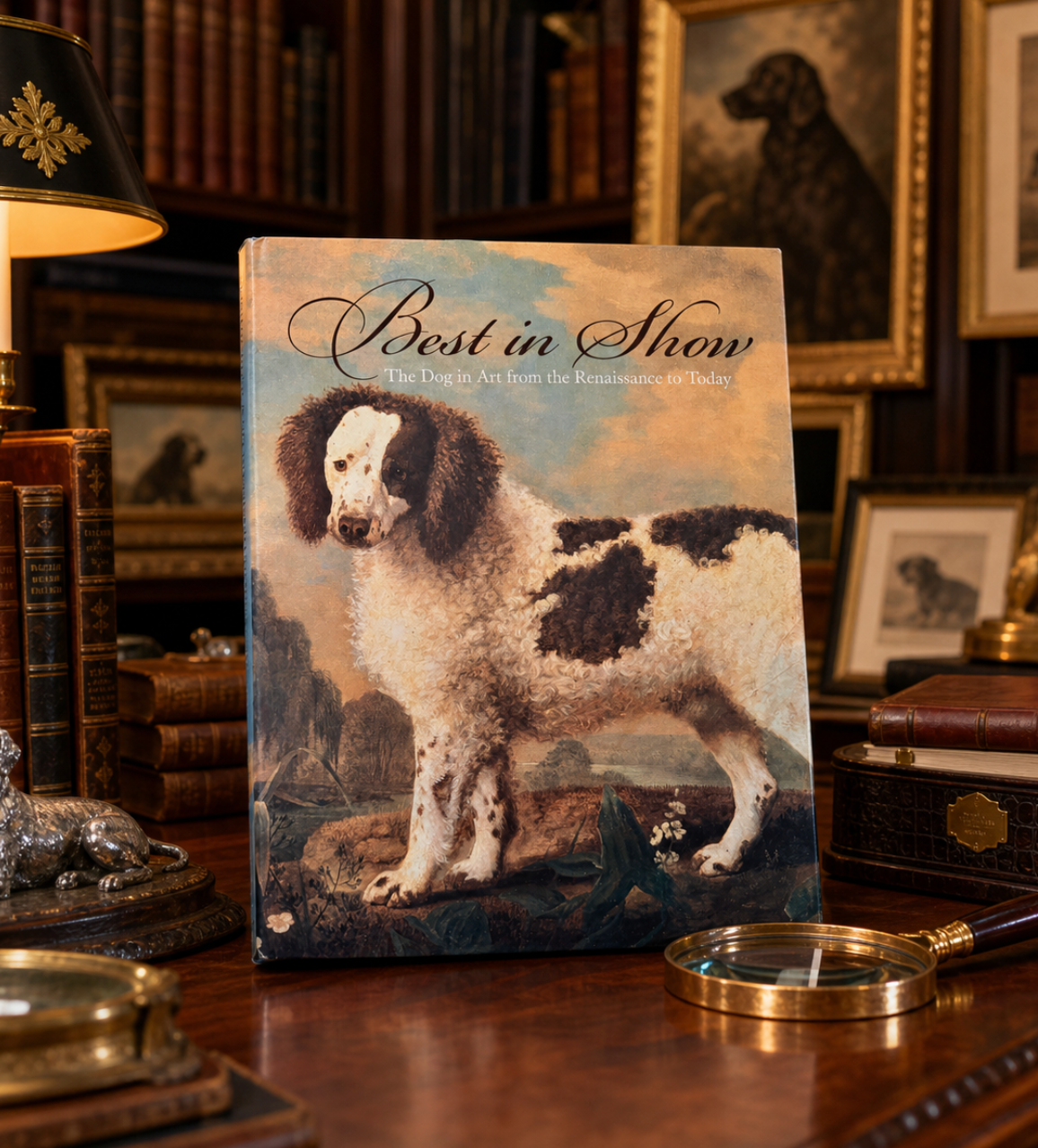 Book titled 'Best in Show' with a dog illustration on a wooden desk with books and a lamp.
