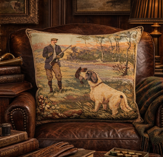 Decorative pillow with a hunting scene on a brown leather couch.