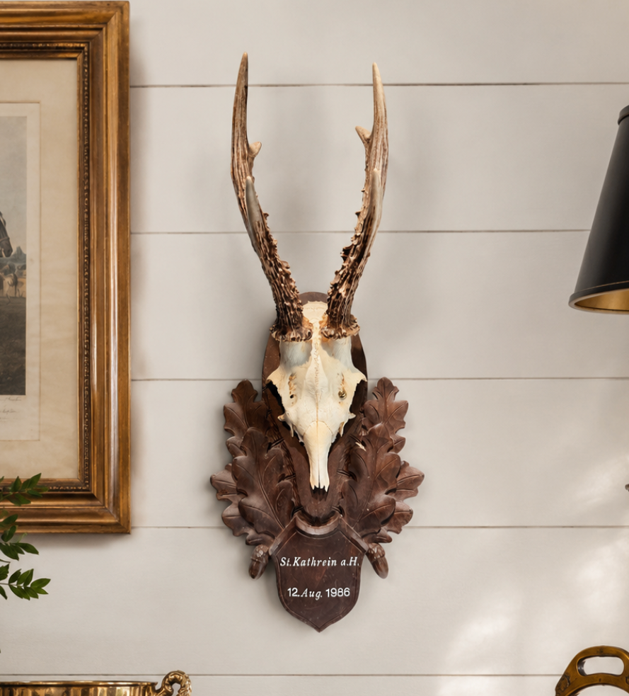 Vintage Austrian Black Forest Roe Antler Mount on Hand Carved Plaque