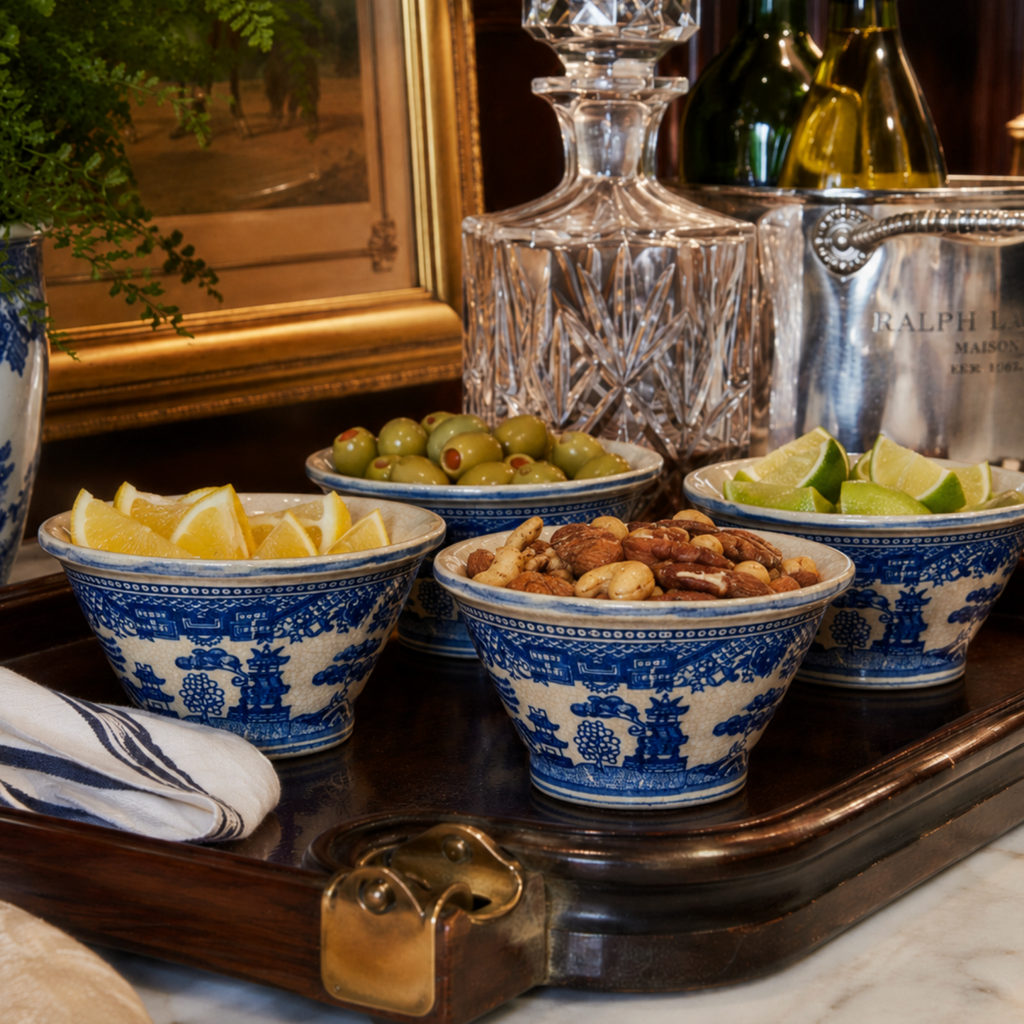 Antique Blue Willow Chinoiserie Ironstone Cocktail & Condiment Bowls, Set of 4