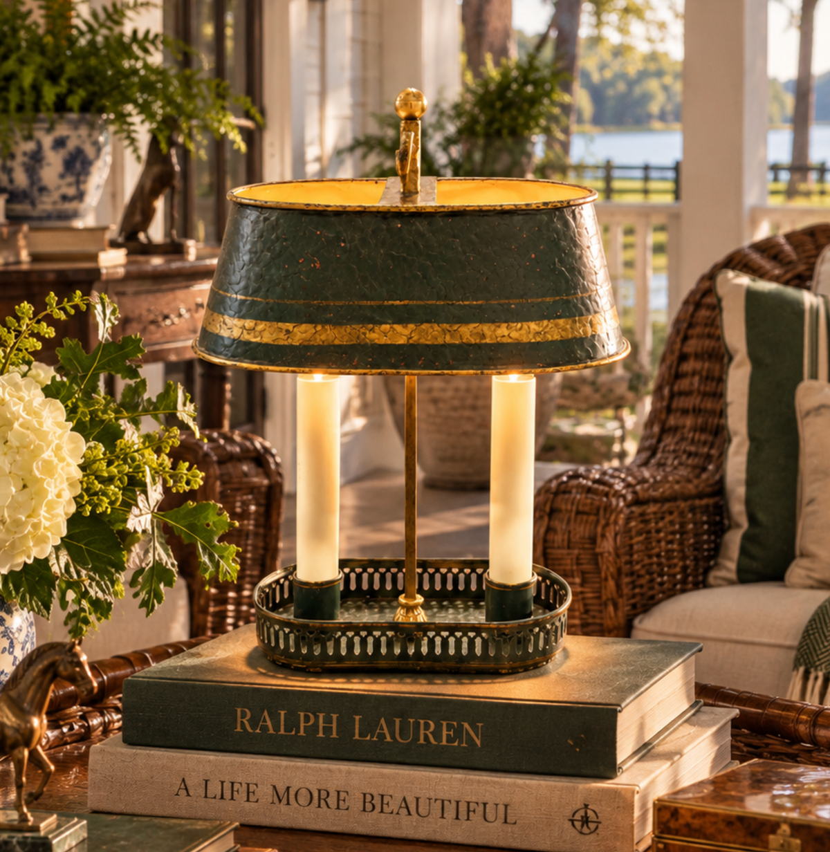Antique French Empire Style Green Tôle Bouillotte Lamp - Cordless