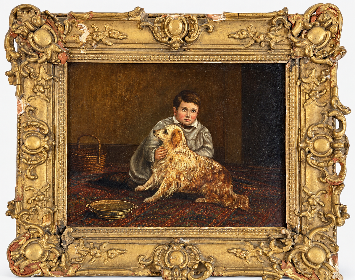 19th Century Original Oil Painting of a Boy & Spaniel in Victorian Gilt Frame