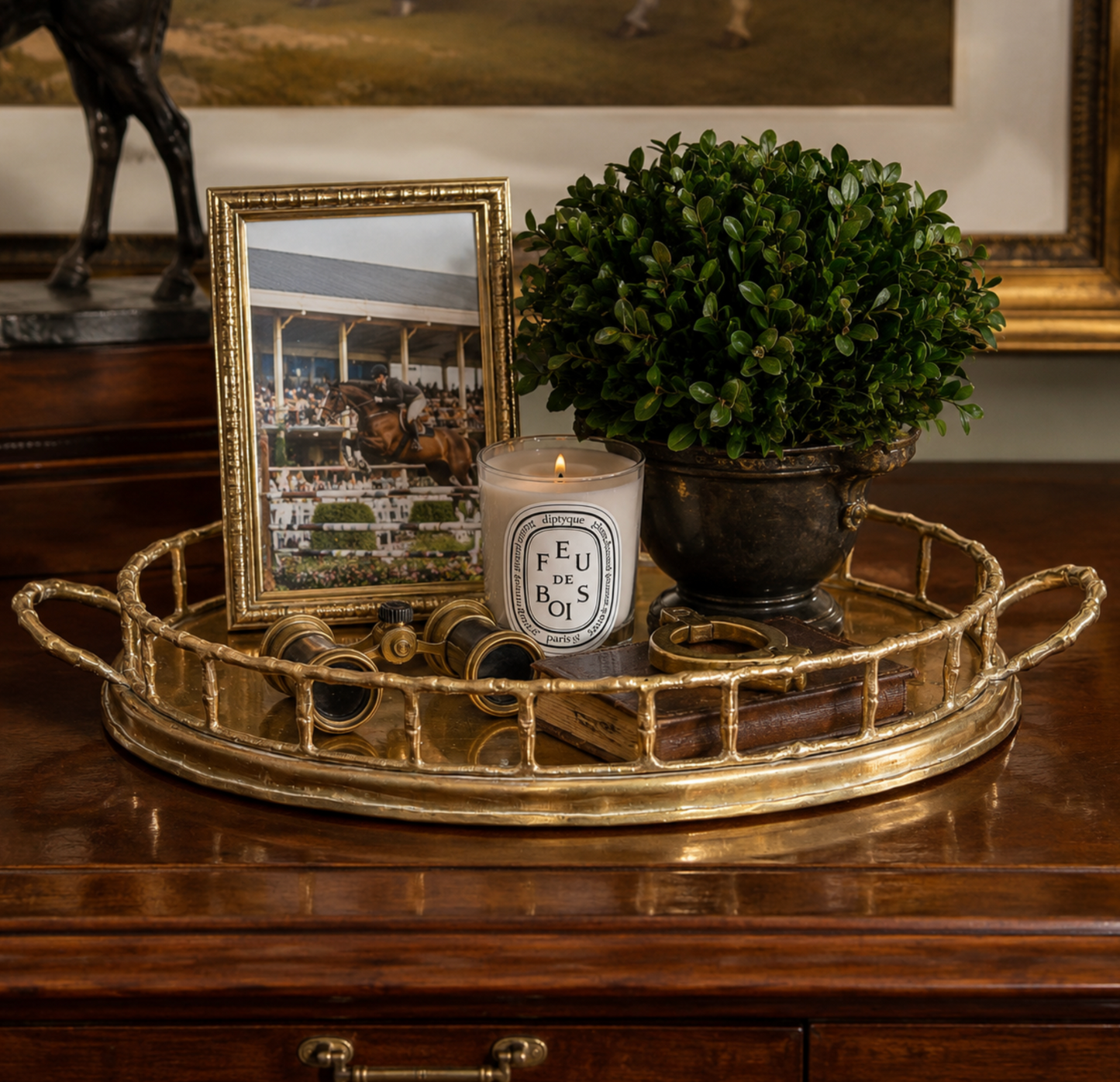 Antique Brass Bamboo Gallery Tray with Handles | Hollywood Regency Brass Catchall