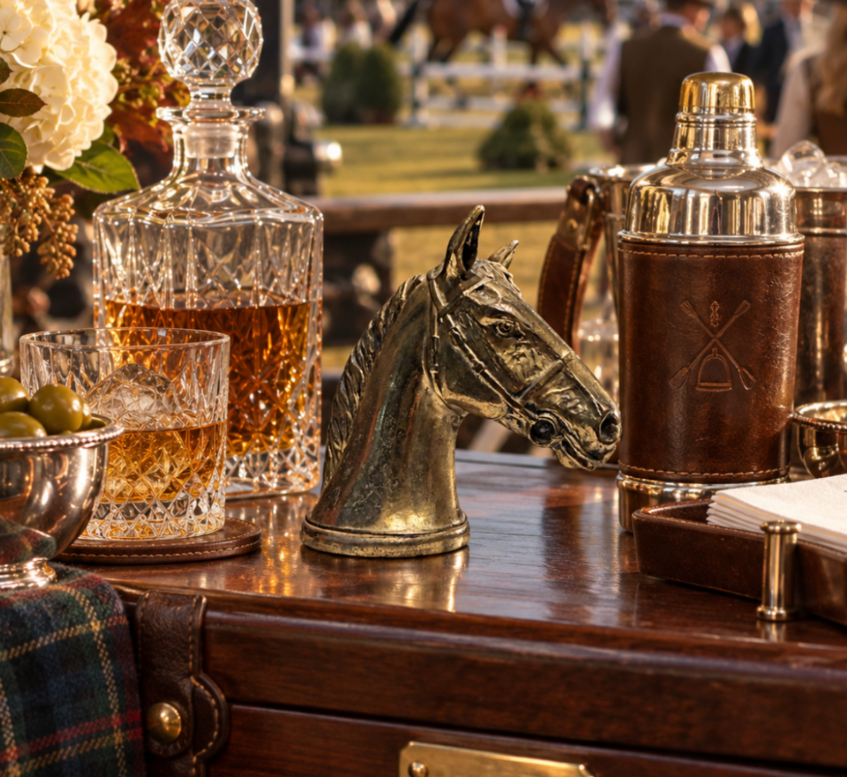 A styled bar scene on a wooden table with a crystal decanter, a cut glass, a metal tin, a brown leather-wrapped bottle, and a horse-shaped metal object, with a blurred outdoor event background.